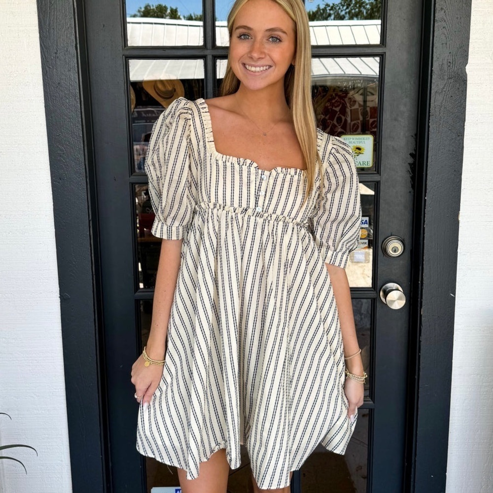 Striped Square-Neck Puff Sleeve Mini Dress - Cream/Black